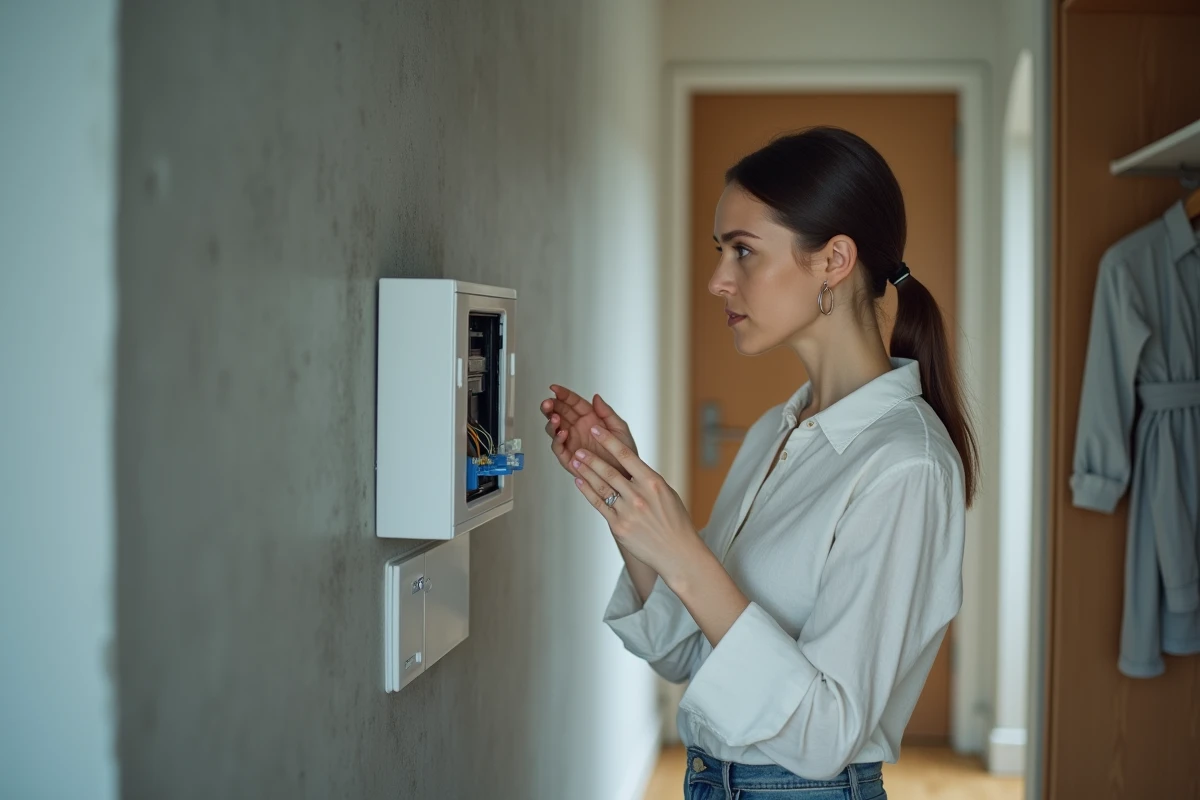 Femme inspectant une prise fibre optique murale dans un couloir d'appartement moderne
