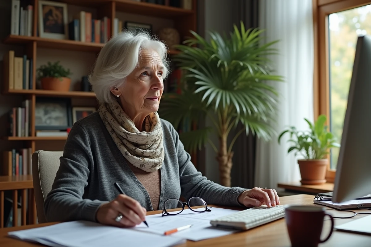Professeure âgée gérant ses emails DSDEN 64 depuis son bureau à domicile avec un ordinateur de bureau