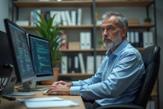 Homme IT d'âge moyen au bureau avec écrans obsolètes