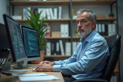 Homme IT d'âge moyen au bureau avec écrans obsolètes