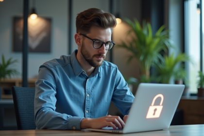 Jeune homme en informatique vérifiant la sécurité SSL sur son ordinateur