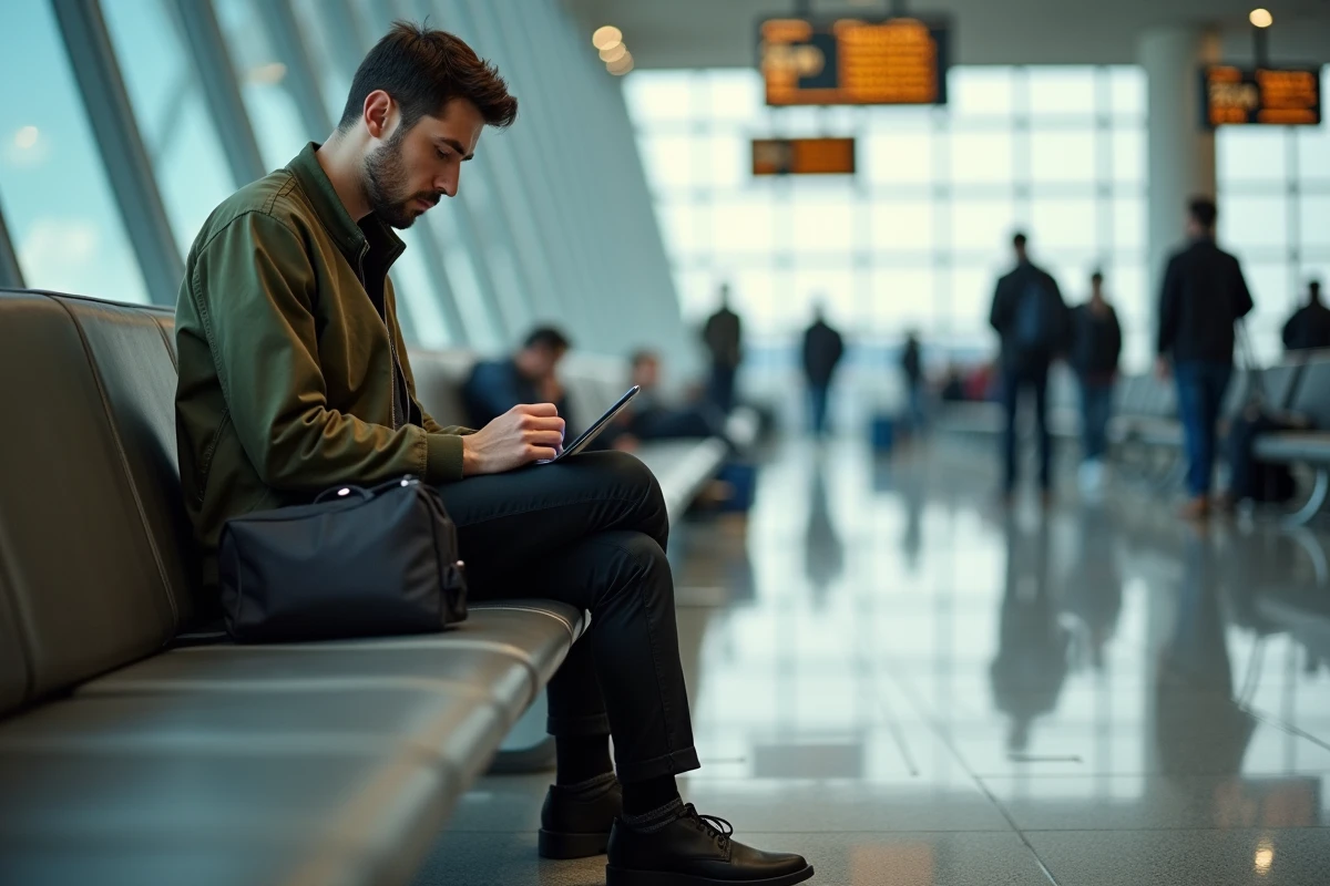 Professionnel nomade utilisant l'iPhone 15 dans un salon d'aéroport pendant un voyage d'affaires