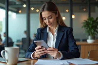 Professionnelle utilisant un iPhone 15 pour le travail mobile dans un espace de coworking moderne