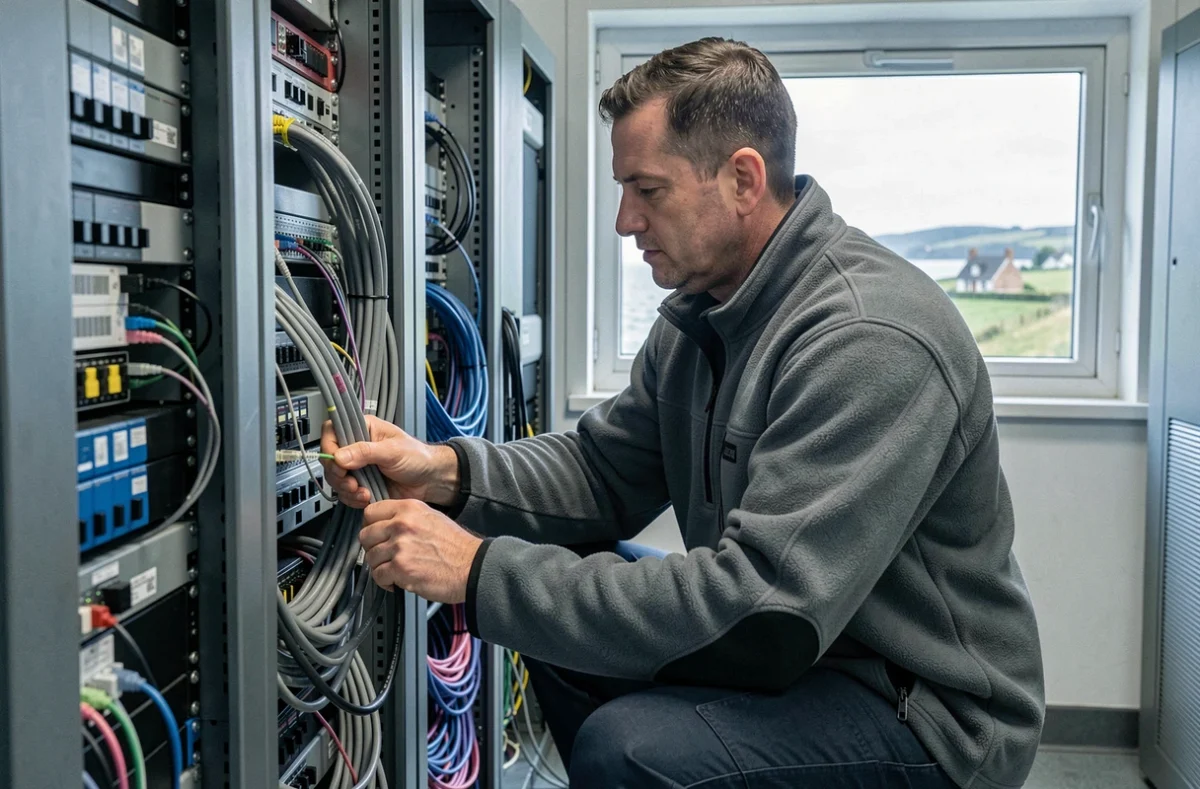 Technicien de P.S.I Partenariat Service Informatique installant un réseau en Normandie littorale