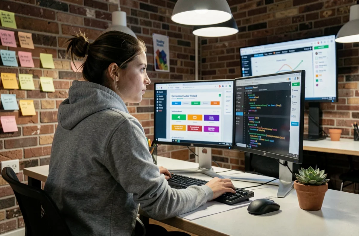 Développeuse logicielle travaillant sur une interface d'application de quiz dans un studio créatif à Clermont-Ferrand