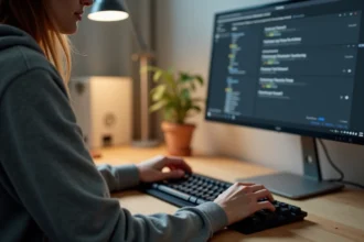 Femme utilisant un raccourci clavier personnalisé sur un clavier mécanique dans un bureau à domicile