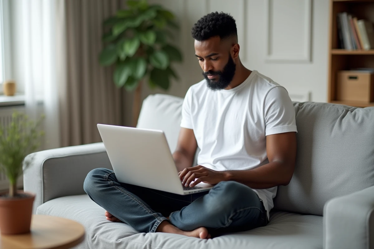 Jeune adulte configurant les raccourcis clavier sur un ordinateur portable sous Windows 11 depuis son canapé