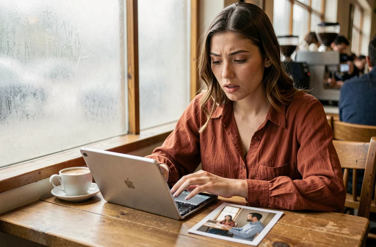 Jeune femme dans un café utilisant une tablette pour effectuer une recherche inversée d'image à partir d'une photo