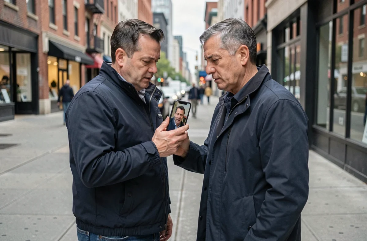 Homme dans la rue tenant un smartphone avec une photo pour rechercher une personne en milieu urbain