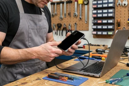 Technicien connectant un Samsung Galaxy Z Flip 4 à écran noir à un câble de récupération de données USB-C dans un atelier de réparation électronique