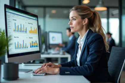 Responsable RH analysant une formule de calcul d'âge sur un tableau de bord Excel dans un bureau moderne