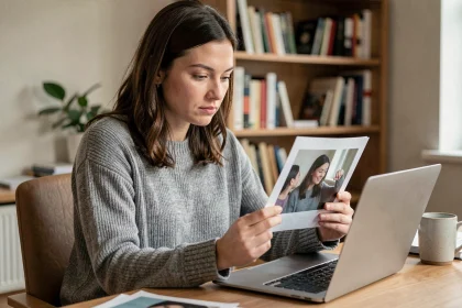 Femme consultant une photo imprimée tout en recherchant une personne sur son ordinateur portable à son bureau