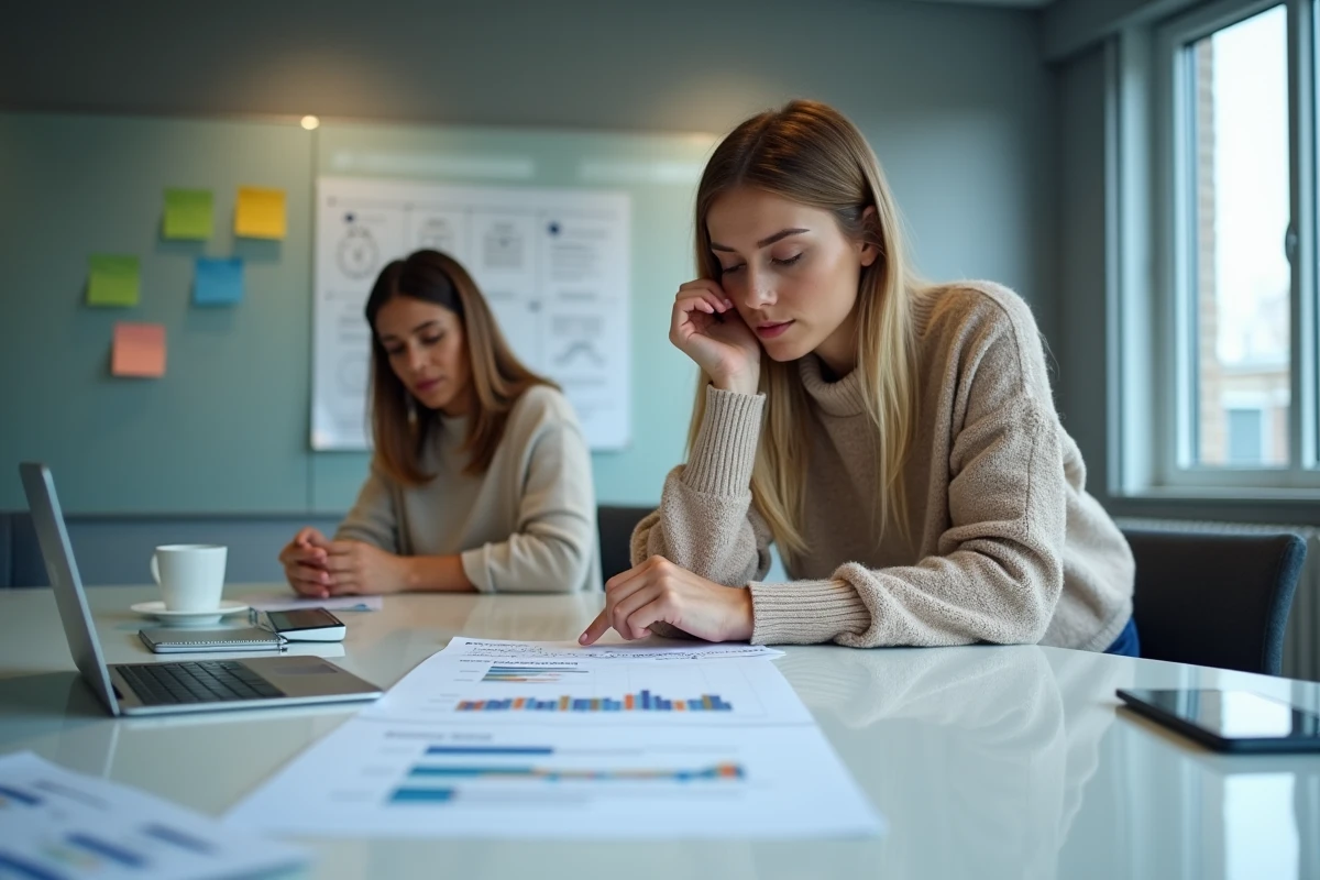 Jeune femme en réunion examinant un rapport Excel imprimé avec des tableaux de pourcentages pour évaluer des objectifs d'équipe