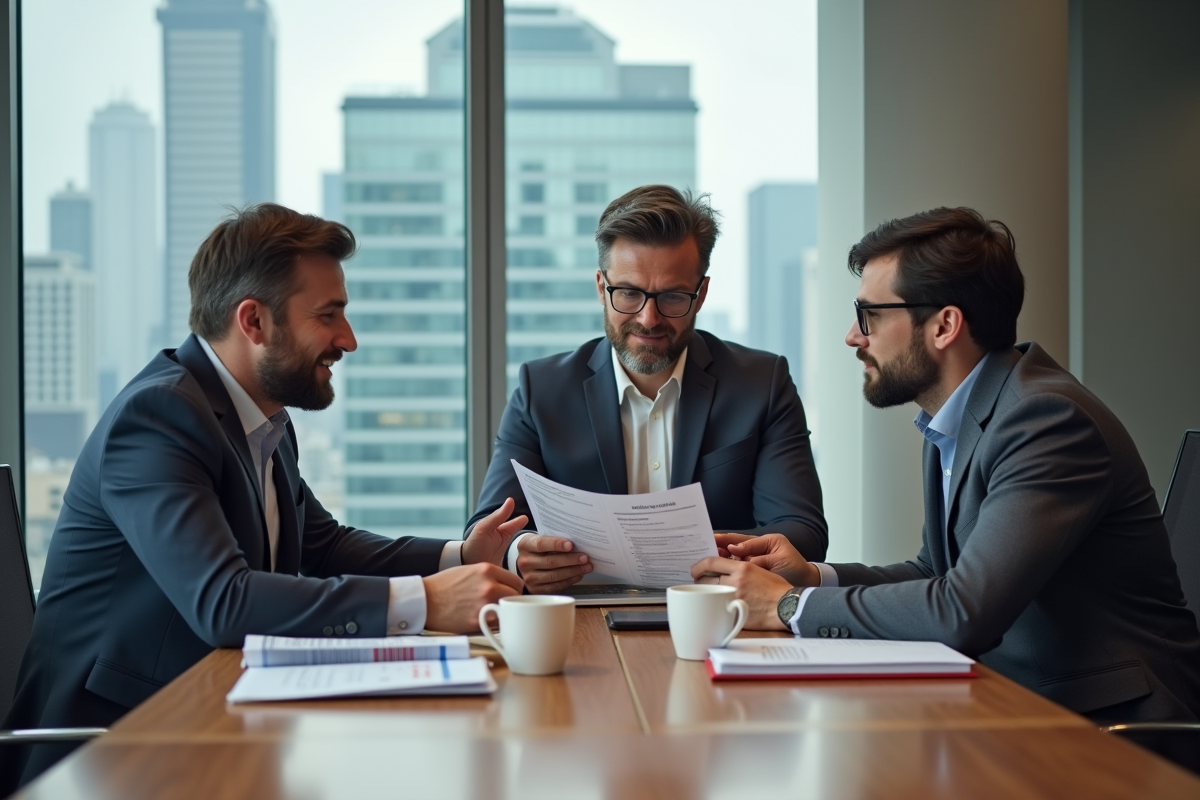 Groupe de collègues discutant de documents PDF en réunion