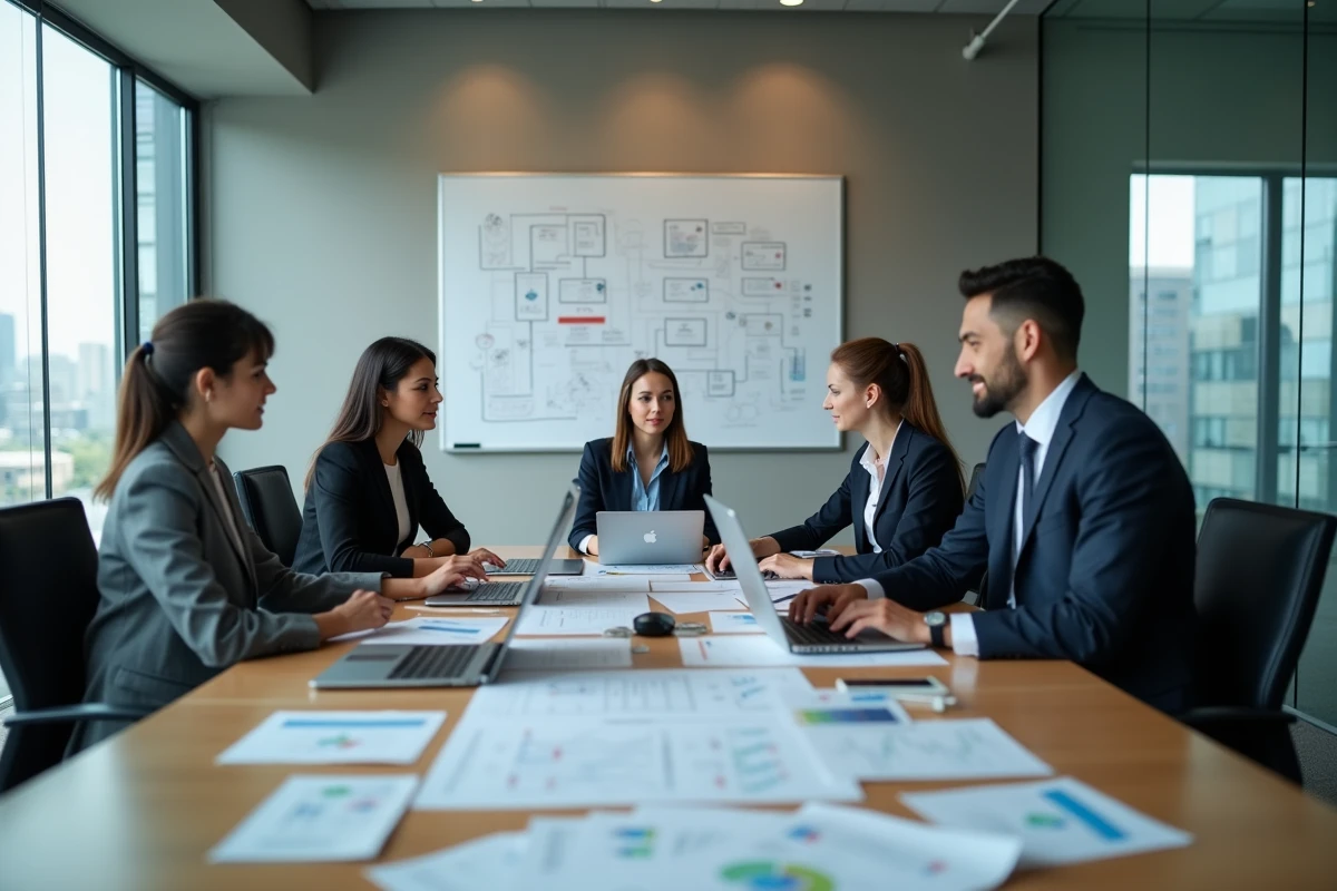Groupe de trois professionnels en réunion dans une salle moderne