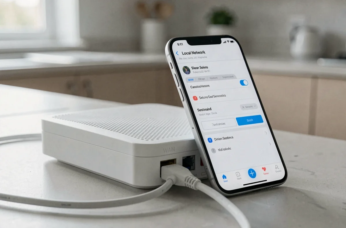 Routeur Wi-Fi domestique avec câble Ethernet et smartphone affichant les paramètres réseau pour la configuration de la box