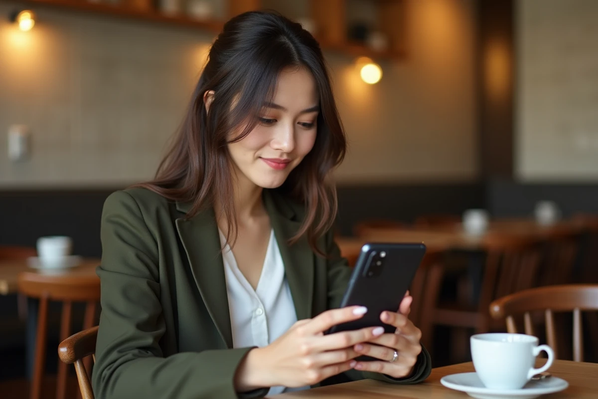 Femme en café consultant un article sur la date de sortie du Samsung Galaxy A51 sur son smartphone