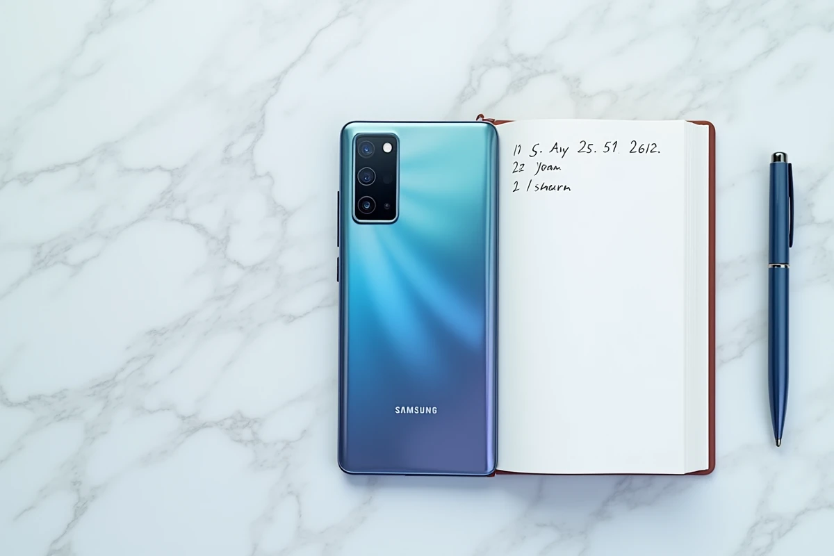 Samsung Galaxy A51 posé sur marbre blanc avec un carnet de dates ouvert représentant la chronologie de sortie