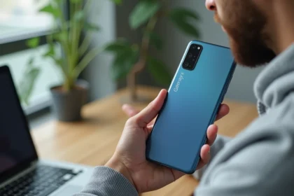 Homme tenant un Samsung Galaxy A51 affichant une chronologie sur son écran dans un bureau moderne