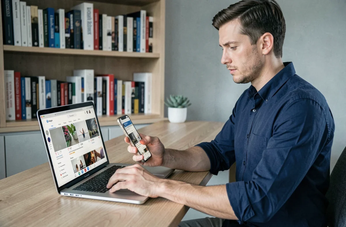 Homme sauvegardant une story Instagram depuis son bureau avec un smartphone et un ordinateur portable