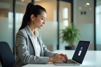 Femme en blazer gris sécurisant son compte Eservice UHA sur un ordinateur portable au bureau