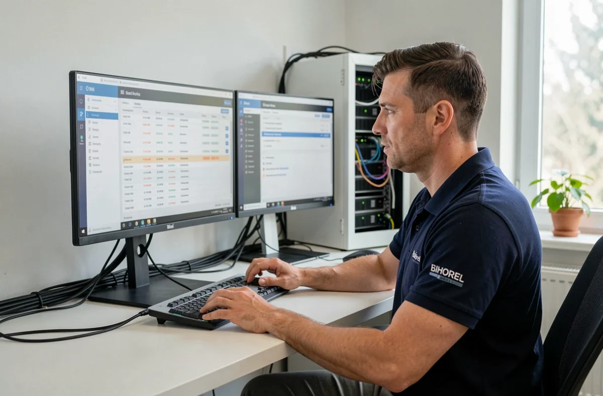 Technicien Sidile configurant des services informatiques dans un bureau à Bihorel