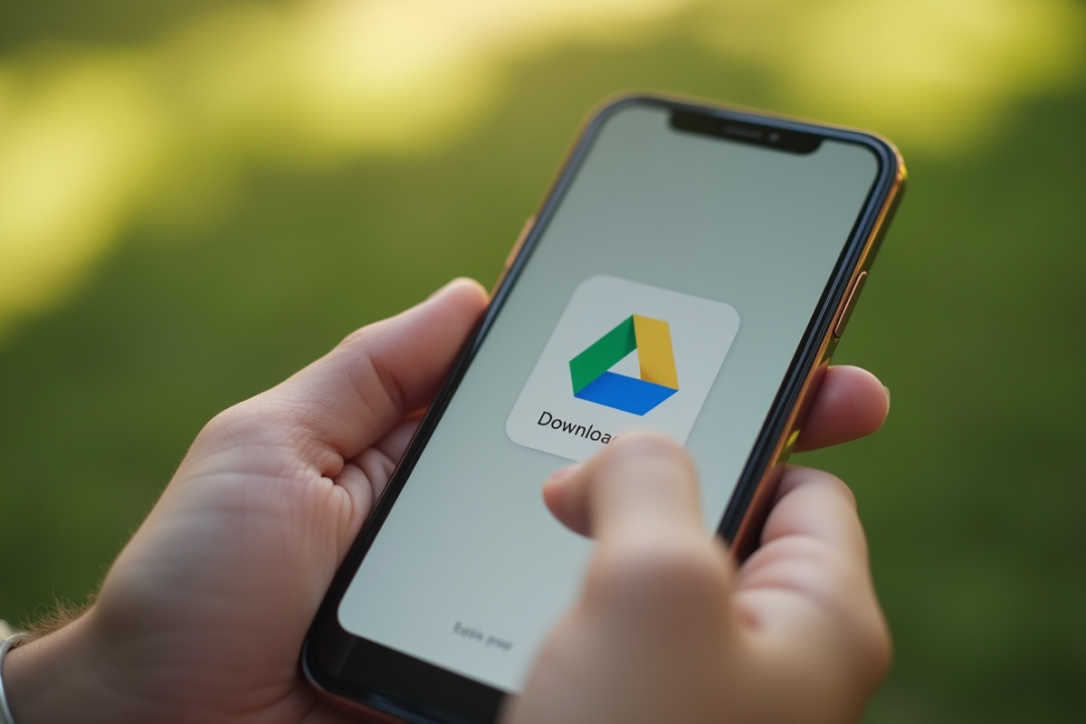 Fingers tapant un smartphone avec erreur de téléchargement Google Drive