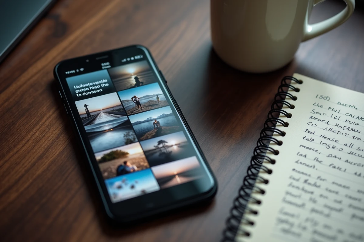 Gros plan d'un smartphone affichant une interface d'hébergement d'images en grille de miniatures posé sur un bureau en bois avec cahier et café