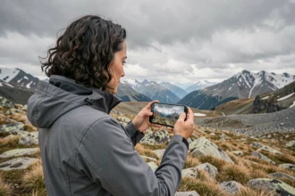 Femme photographiant un paysage de montagne avec un smartphone ultra grand-angle en 2026