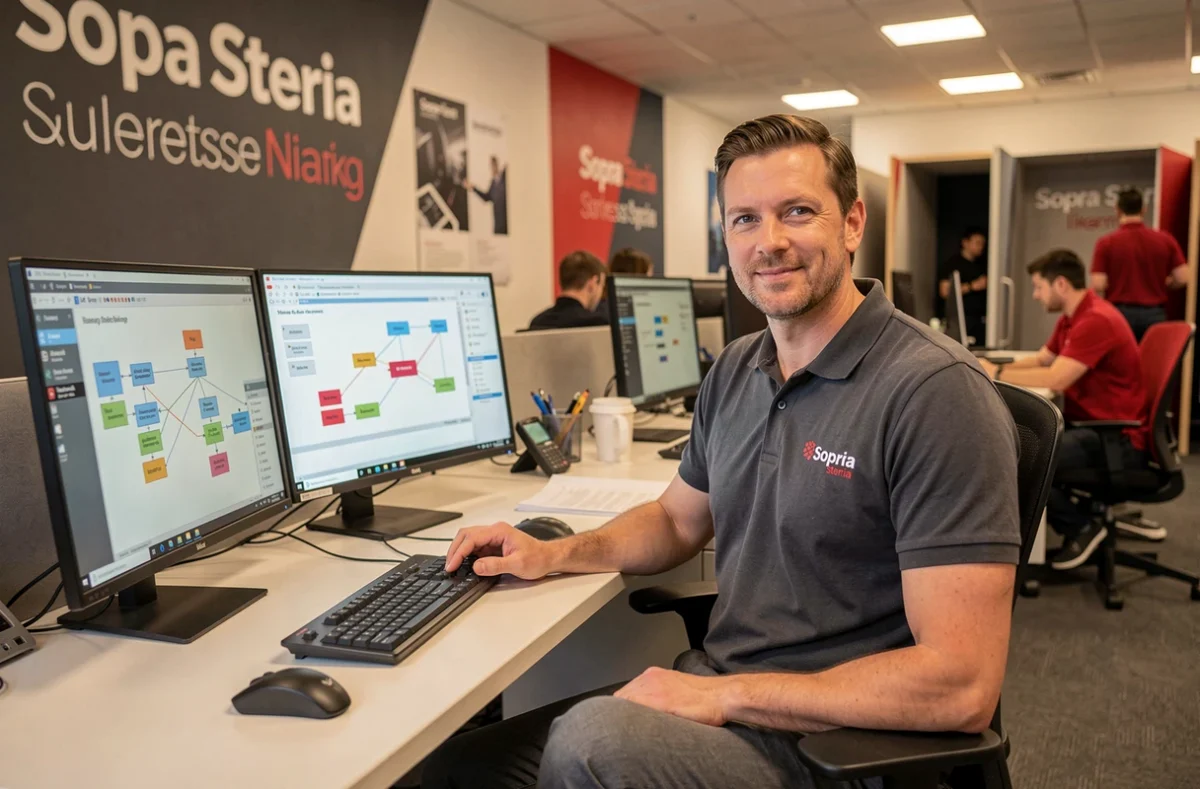 Architecte IT Sopra Steria travaillant sur des schémas logiciels dans un bureau collaboratif à Paris