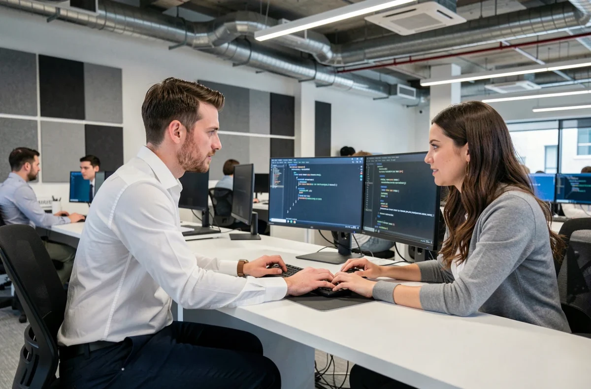 Deux ingénieurs Synchrone en session de pair-programming dans un espace de travail technologique ouvert à Paris