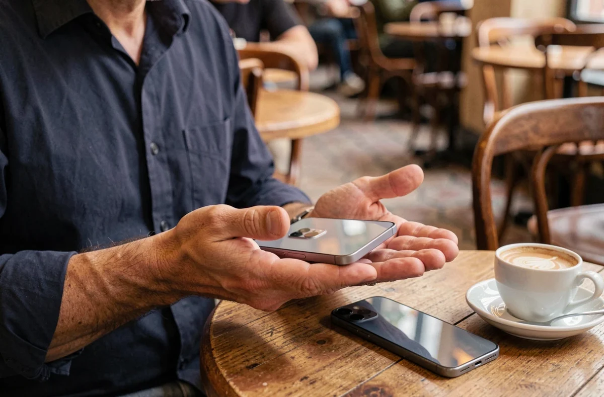 Homme dans un café tenant un iPhone 12 dans la main pour le comparer à un autre smartphone posé sur la table