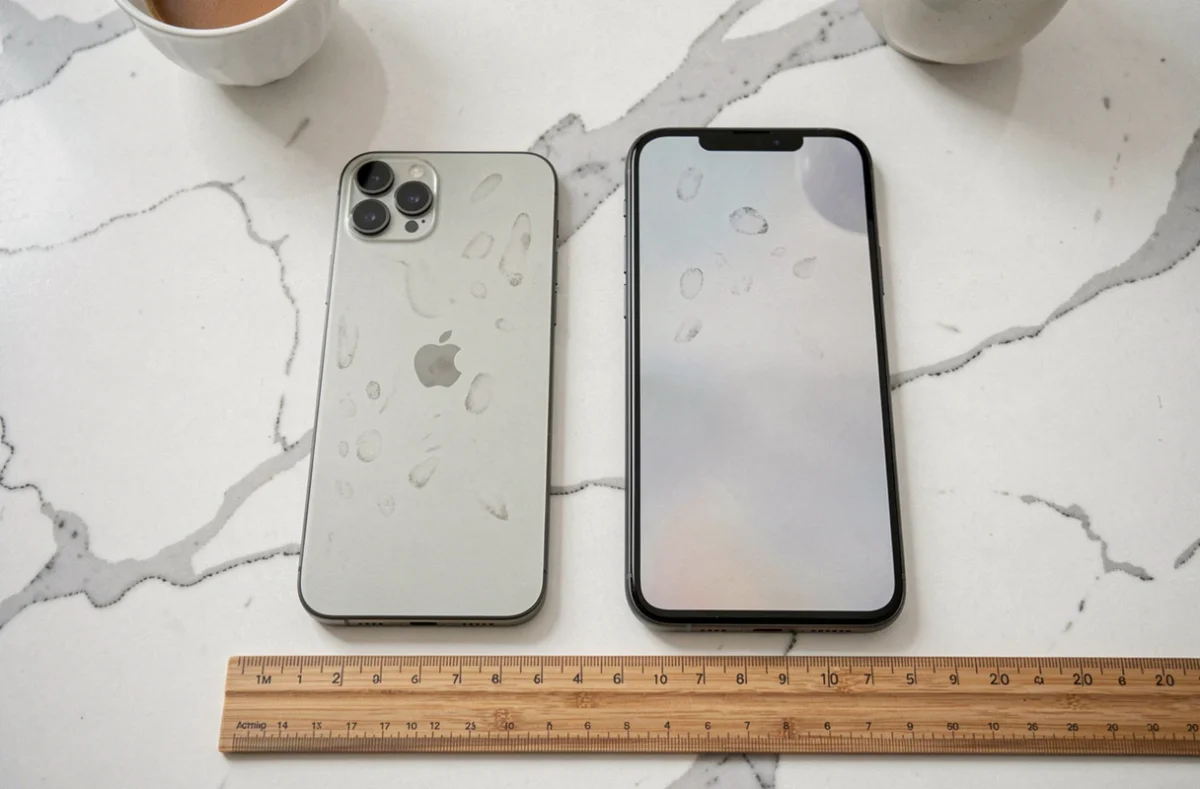 iPhone 12 et smartphone Android posés côte à côte sur un plan de travail en marbre avec une règle pour mesurer leur taille