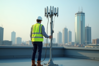 Ingénieur télécom inspectant antennes 5G sur toit urbain