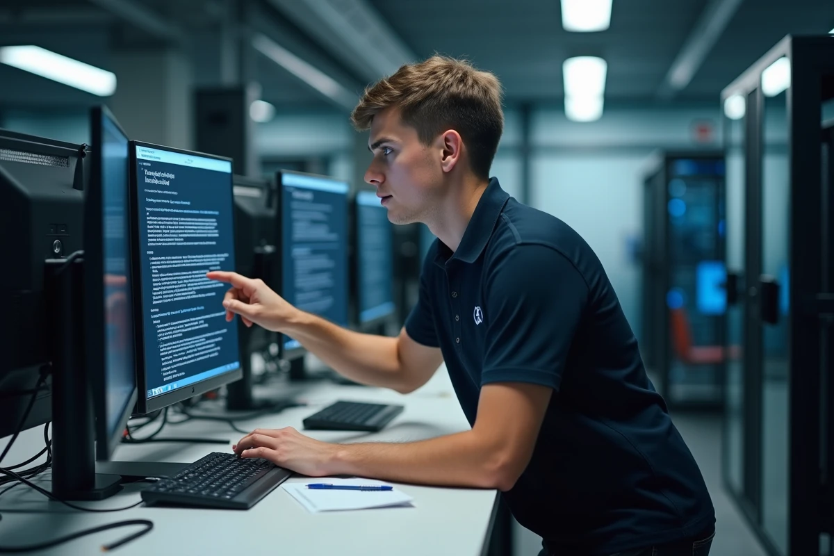 Technicien informatique consultant un guide de dépannage pour résoudre un problème d'authentification en ligne