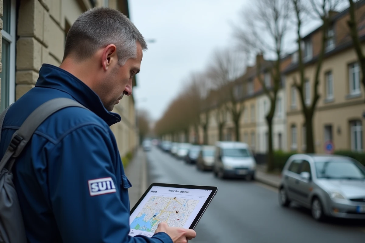 Technicien fibre consultant une carte d'éligibilité réseau sur tablette devant un immeuble résidentiel