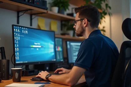 Technicien informatique effectuant une mise à niveau Windows sur un ordinateur de bureau dans un bureau à domicile