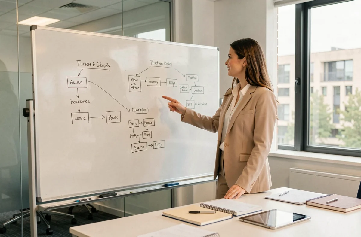Consultante informatique présentant une architecture de systèmes sur tableau blanc lors d'une session de conseil