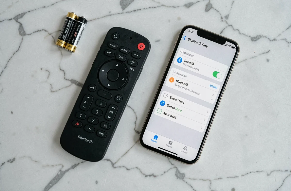 Vue du dessus d'une télécommande Free, deux piles AA et un smartphone affichant les paramètres Bluetooth sur un plan en marbre