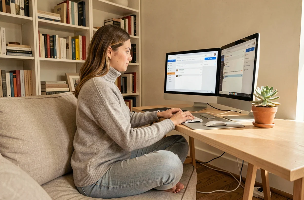 Jeune professionnelle en télétravail gérant une adresse email personnalisée depuis son bureau à domicile