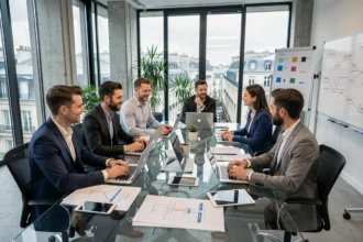 Équipe de consultants IT réunis dans un bureau moderne en Île-de-France, illustrant le dynamisme des ESN parisiennes