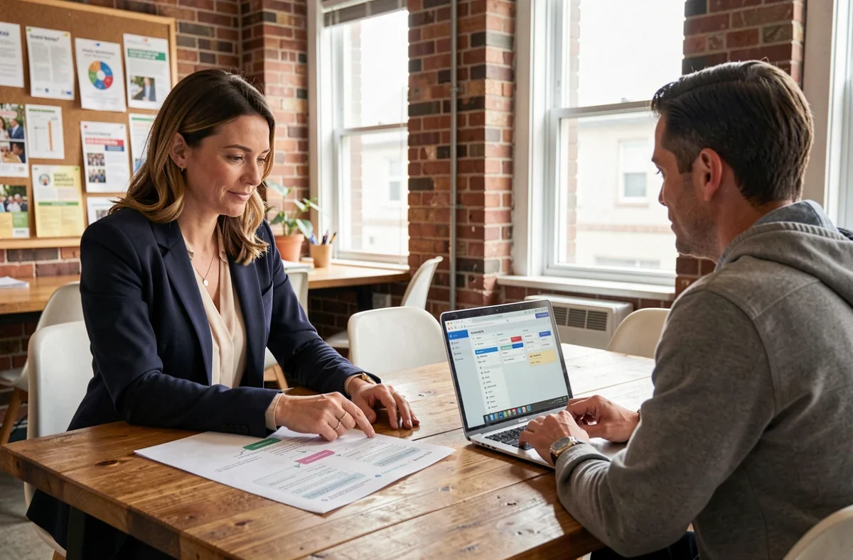 Consultante en transformation numérique accompagnant un chef d'entreprise dans sa démarche de digitalisation autour d'une table de réunion