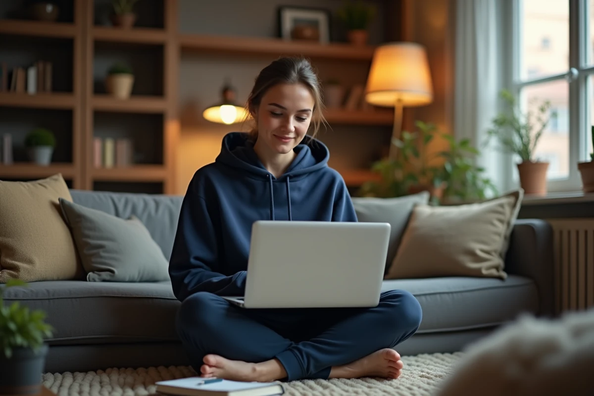 Jeune femme utilisant un ordinateur portable chez elle pour collaborer en ligne sans créer de compte utilisateur