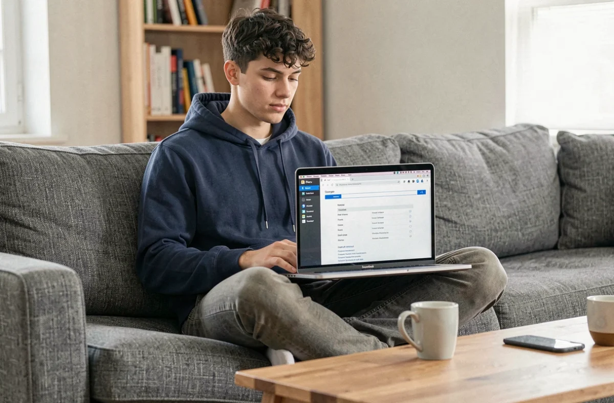 Jeune homme vérifiant la configuration matérielle minimale sur un PC portable depuis son canapé dans un salon décontracté