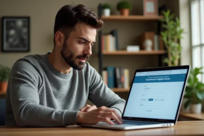 Homme vérifiant l'éligibilité fibre SFR sur son ordinateur portable à son bureau à domicile