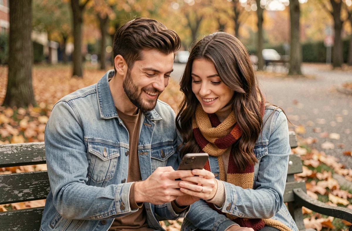 Deux amis regardant des stories Snapchat anonymement sur un smartphone en plein air dans un parc