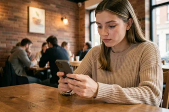 Jeune femme consultant des stories Snapchat anonymement sur son smartphone dans un café