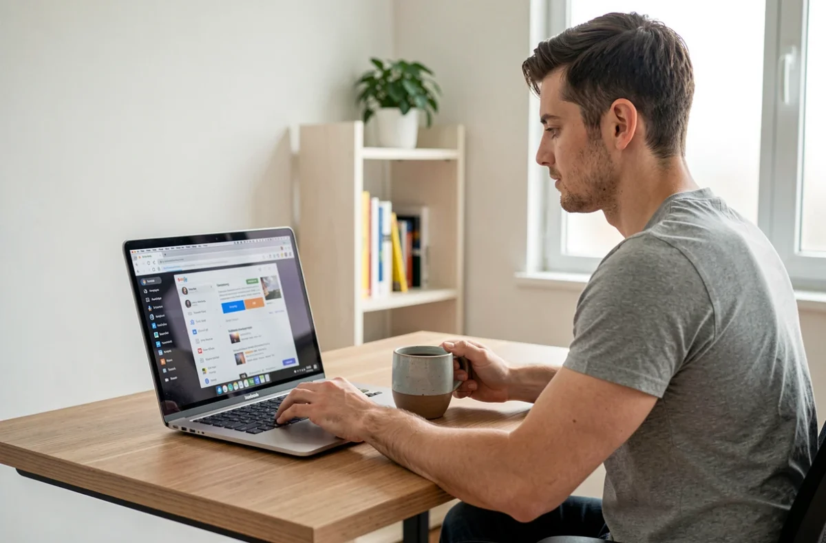 Homme utilisant un navigateur web pour voir des stories Snapchat de façon anonyme depuis son bureau
