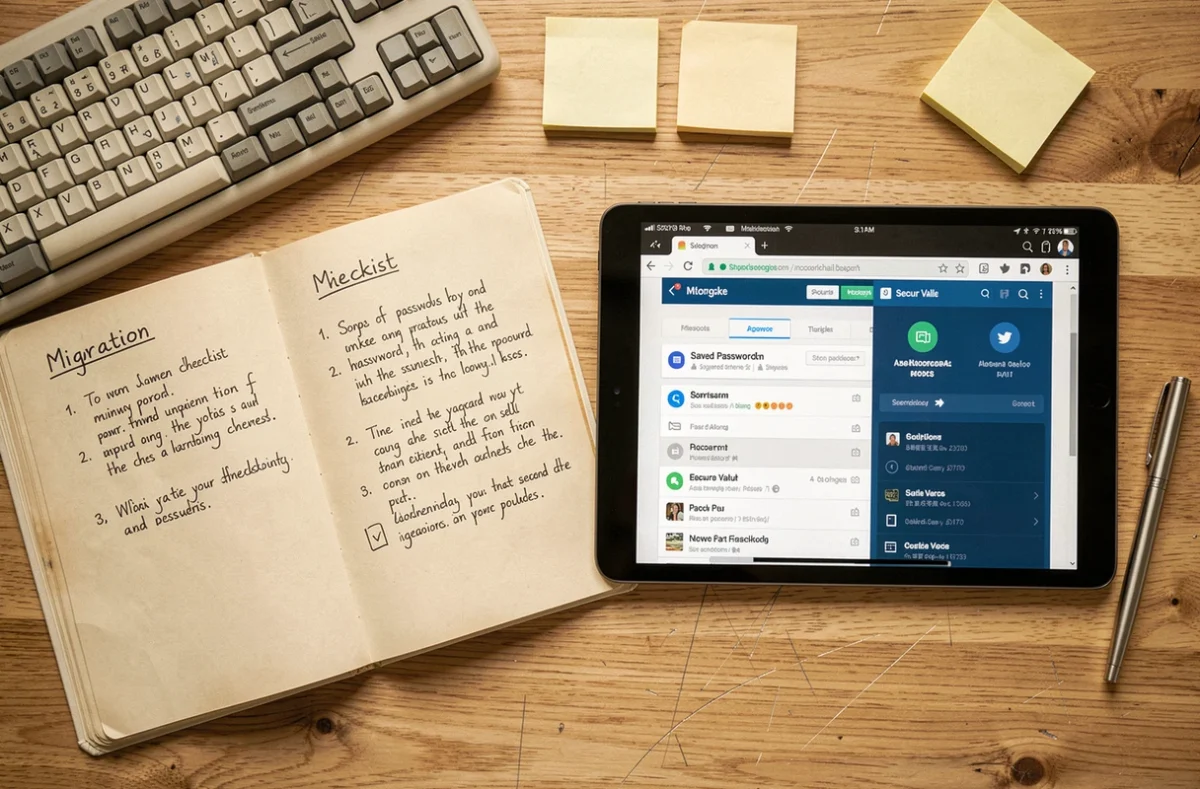Vue aérienne d'un bureau avec carnet de notes, clavier et tablette comparant Chrome et un coffre-fort de mots de passe sécurisé
