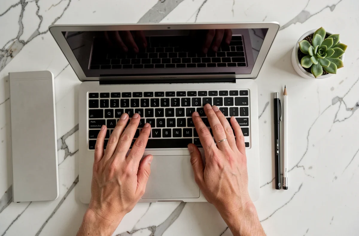 Vue aérienne des mains sur le clavier d'un MacBook Air posé sur une surface en marbre blanc avec des accessoires de bureau